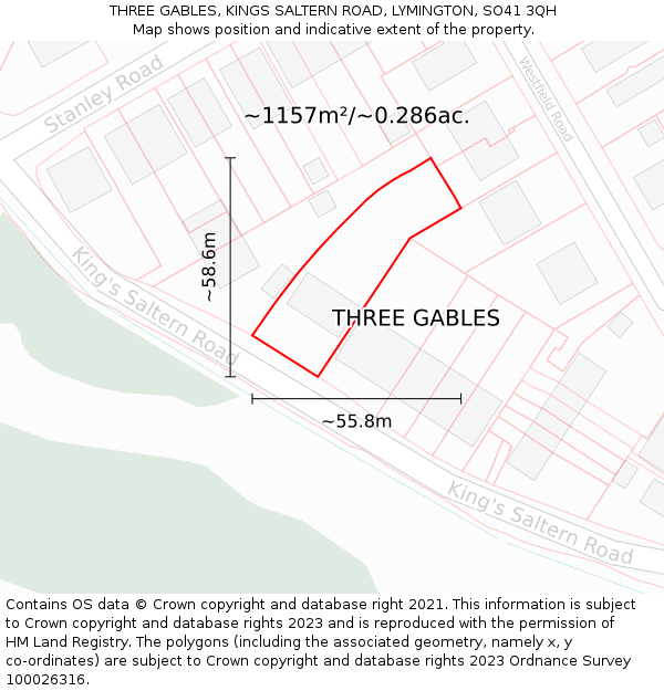 THREE GABLES, KINGS SALTERN ROAD, LYMINGTON, SO41 3QH: Plot and title map