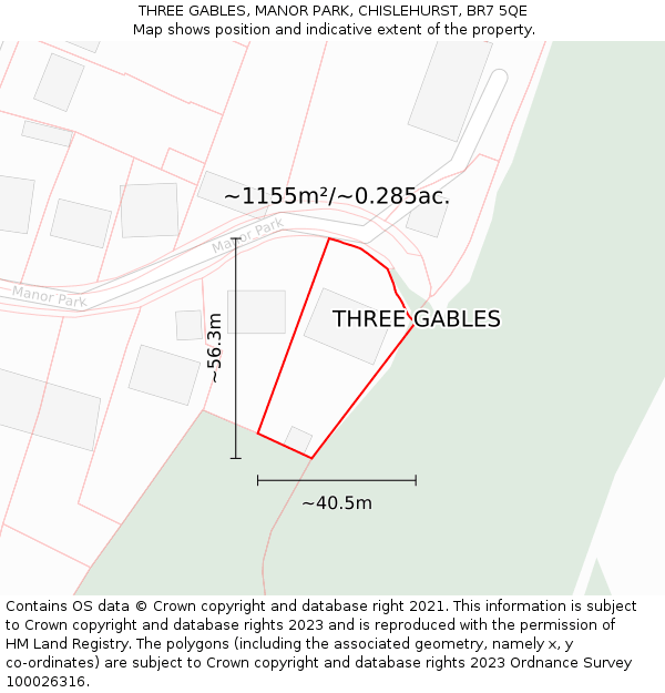 THREE GABLES, MANOR PARK, CHISLEHURST, BR7 5QE: Plot and title map