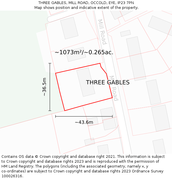 THREE GABLES, MILL ROAD, OCCOLD, EYE, IP23 7PN: Plot and title map