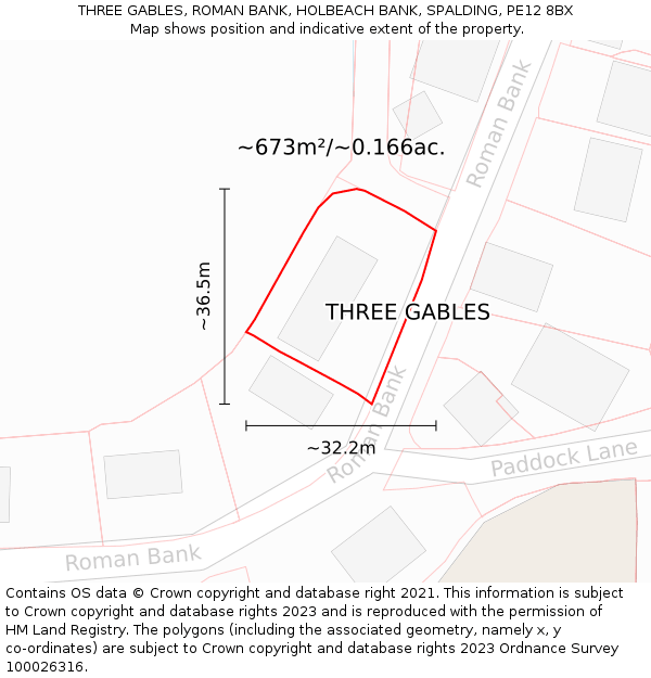 THREE GABLES, ROMAN BANK, HOLBEACH BANK, SPALDING, PE12 8BX: Plot and title map