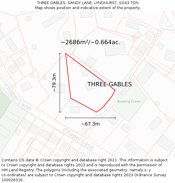 THREE GABLES, SANDY LANE, LYNDHURST, SO43 7DN: Plot and title map