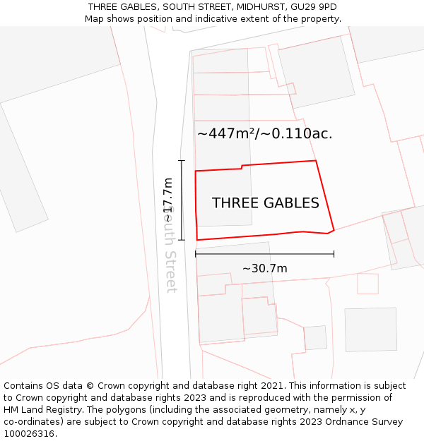THREE GABLES, SOUTH STREET, MIDHURST, GU29 9PD: Plot and title map