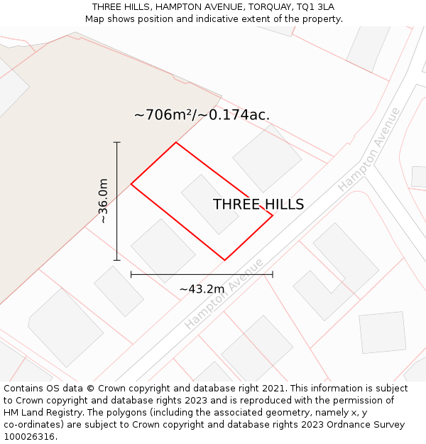 THREE HILLS, HAMPTON AVENUE, TORQUAY, TQ1 3LA: Plot and title map