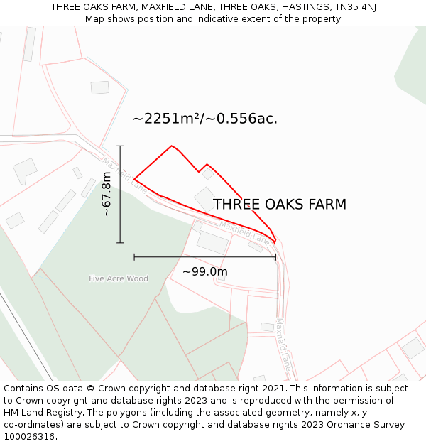 THREE OAKS FARM, MAXFIELD LANE, THREE OAKS, HASTINGS, TN35 4NJ: Plot and title map