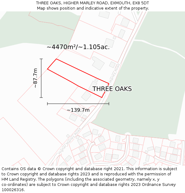 THREE OAKS, HIGHER MARLEY ROAD, EXMOUTH, EX8 5DT: Plot and title map