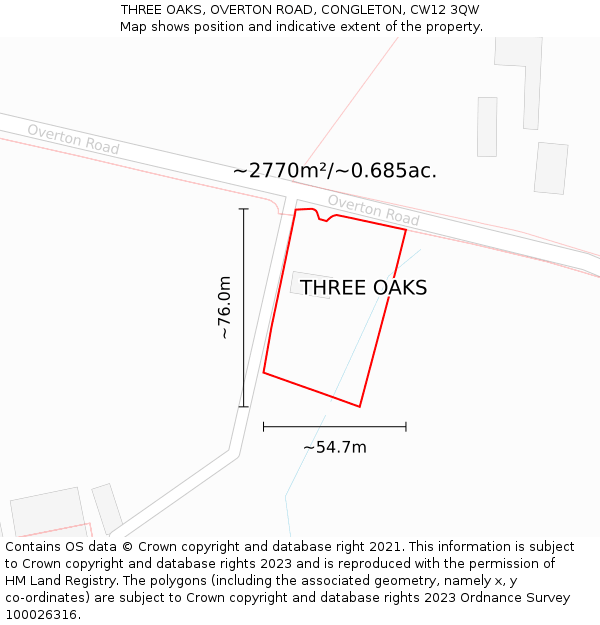 THREE OAKS, OVERTON ROAD, CONGLETON, CW12 3QW: Plot and title map