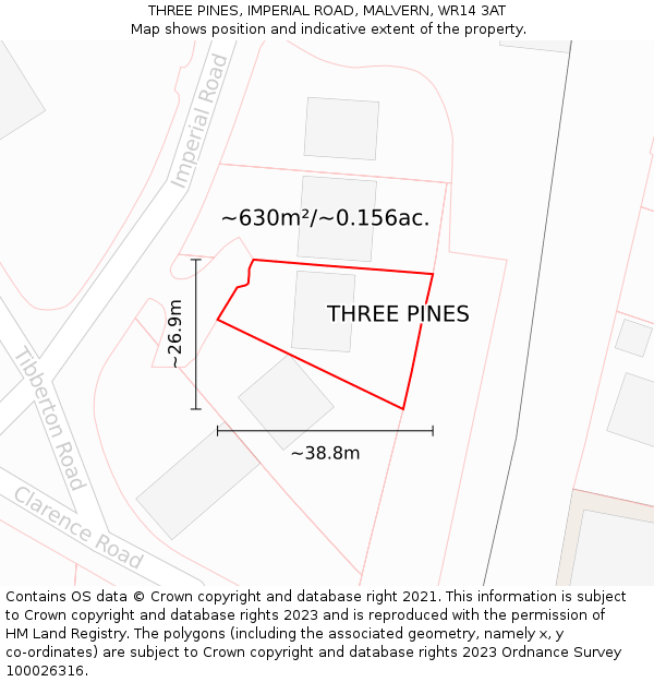THREE PINES, IMPERIAL ROAD, MALVERN, WR14 3AT: Plot and title map