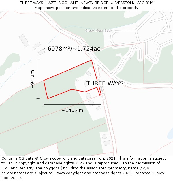 THREE WAYS, HAZELRIGG LANE, NEWBY BRIDGE, ULVERSTON, LA12 8NY: Plot and title map