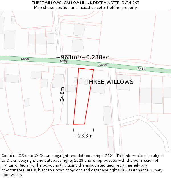 THREE WILLOWS, CALLOW HILL, KIDDERMINSTER, DY14 9XB: Plot and title map