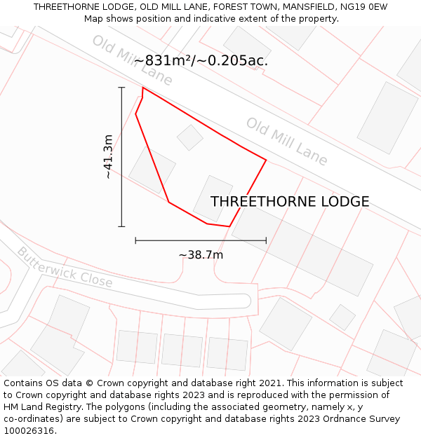 THREETHORNE LODGE, OLD MILL LANE, FOREST TOWN, MANSFIELD, NG19 0EW: Plot and title map