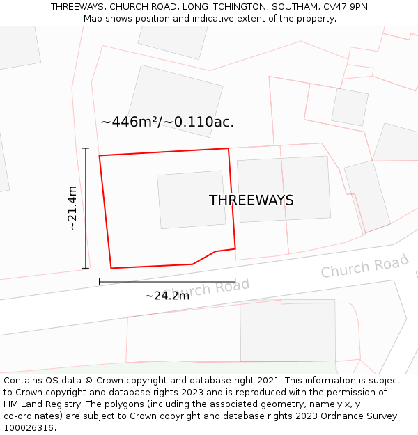 THREEWAYS, CHURCH ROAD, LONG ITCHINGTON, SOUTHAM, CV47 9PN: Plot and title map