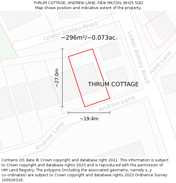 THRUM COTTAGE, ANDREW LANE, NEW MILTON, BH25 5QD: Plot and title map