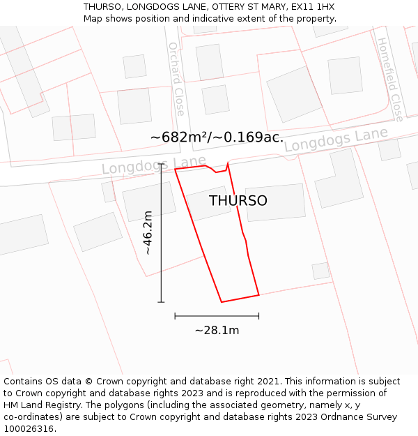 THURSO, LONGDOGS LANE, OTTERY ST MARY, EX11 1HX: Plot and title map