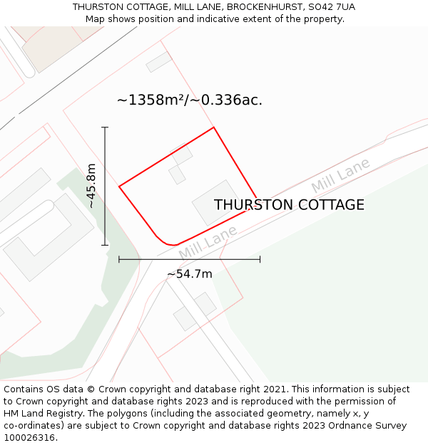 THURSTON COTTAGE, MILL LANE, BROCKENHURST, SO42 7UA: Plot and title map