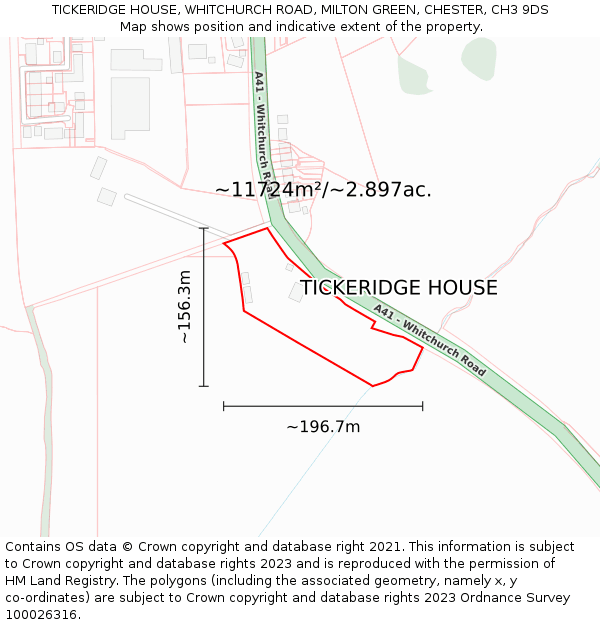 TICKERIDGE HOUSE, WHITCHURCH ROAD, MILTON GREEN, CHESTER, CH3 9DS: Plot and title map