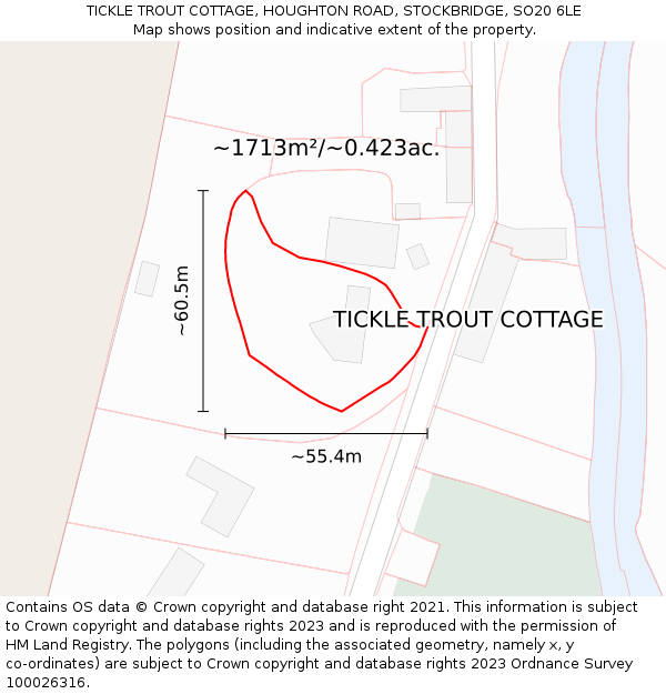 TICKLE TROUT COTTAGE, HOUGHTON ROAD, STOCKBRIDGE, SO20 6LE: Plot and title map