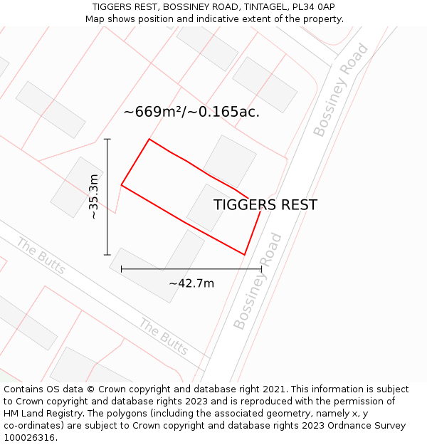 TIGGERS REST, BOSSINEY ROAD, TINTAGEL, PL34 0AP: Plot and title map