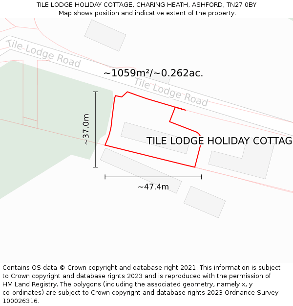 TILE LODGE HOLIDAY COTTAGE, CHARING HEATH, ASHFORD, TN27 0BY: Plot and title map