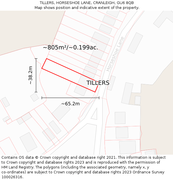 TILLERS, HORSESHOE LANE, CRANLEIGH, GU6 8QB: Plot and title map