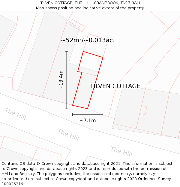 TILVEN COTTAGE, THE HILL, CRANBROOK, TN17 3AH: Plot and title map