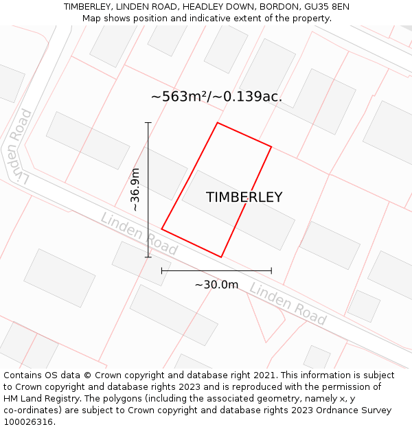 TIMBERLEY, LINDEN ROAD, HEADLEY DOWN, BORDON, GU35 8EN: Plot and title map