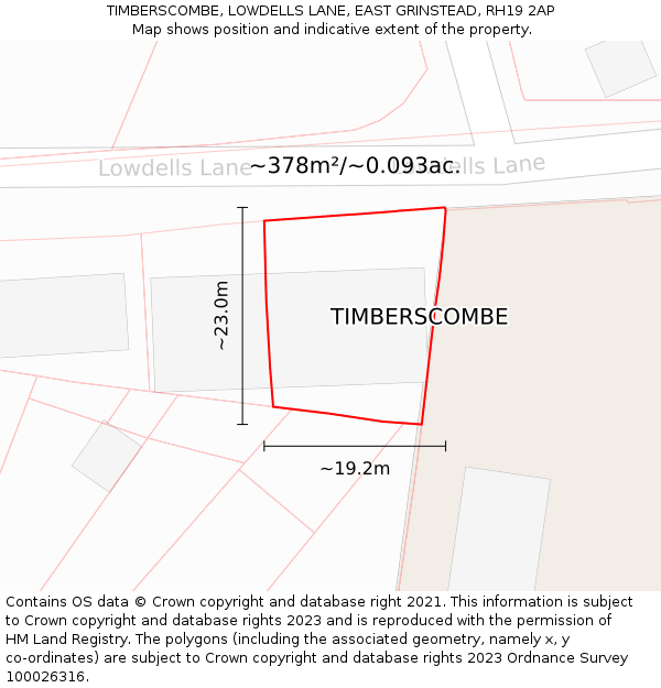 TIMBERSCOMBE, LOWDELLS LANE, EAST GRINSTEAD, RH19 2AP: Plot and title map