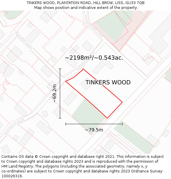 TINKERS WOOD, PLANTATION ROAD, HILL BROW, LISS, GU33 7QB: Plot and title map