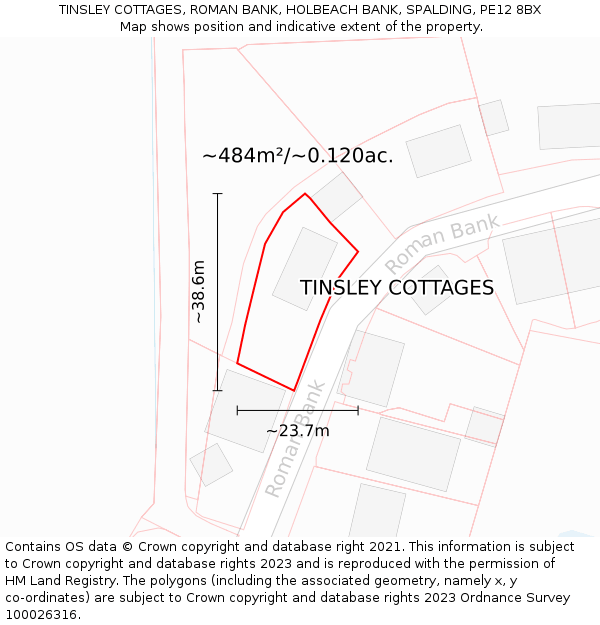 TINSLEY COTTAGES, ROMAN BANK, HOLBEACH BANK, SPALDING, PE12 8BX: Plot and title map