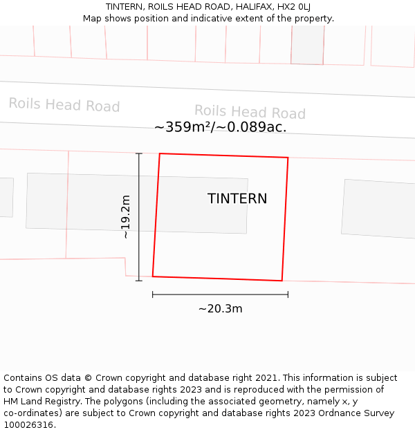 TINTERN, ROILS HEAD ROAD, HALIFAX, HX2 0LJ: Plot and title map
