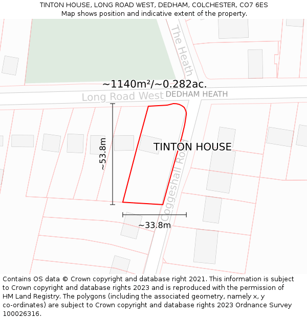 TINTON HOUSE, LONG ROAD WEST, DEDHAM, COLCHESTER, CO7 6ES: Plot and title map