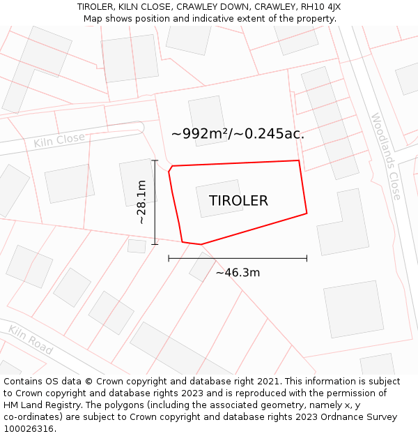 TIROLER, KILN CLOSE, CRAWLEY DOWN, CRAWLEY, RH10 4JX: Plot and title map