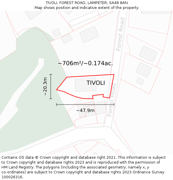TIVOLI, FOREST ROAD, LAMPETER, SA48 8AN: Plot and title map