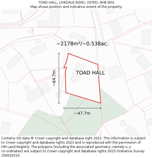 TOAD HALL, UVEDALE ROAD, OXTED, RH8 0EN: Plot and title map