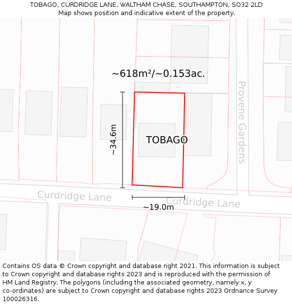 TOBAGO, CURDRIDGE LANE, WALTHAM CHASE, SOUTHAMPTON, SO32 2LD: Plot and title map