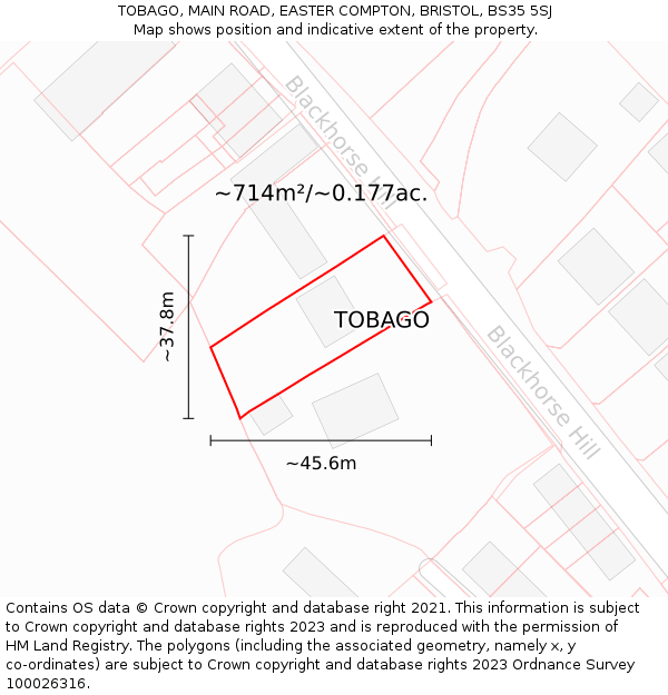 TOBAGO, MAIN ROAD, EASTER COMPTON, BRISTOL, BS35 5SJ: Plot and title map