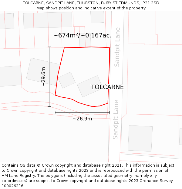 TOLCARNE, SANDPIT LANE, THURSTON, BURY ST EDMUNDS, IP31 3SD: Plot and title map