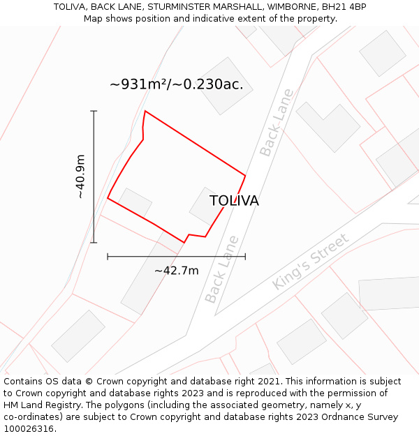 TOLIVA, BACK LANE, STURMINSTER MARSHALL, WIMBORNE, BH21 4BP: Plot and title map