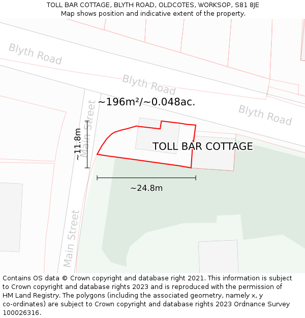 TOLL BAR COTTAGE, BLYTH ROAD, OLDCOTES, WORKSOP, S81 8JE: Plot and title map