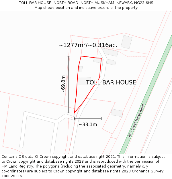 TOLL BAR HOUSE, NORTH ROAD, NORTH MUSKHAM, NEWARK, NG23 6HS: Plot and title map