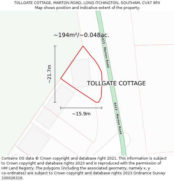 TOLLGATE COTTAGE, MARTON ROAD, LONG ITCHINGTON, SOUTHAM, CV47 9PX: Plot and title map
