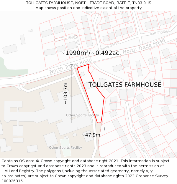 TOLLGATES FARMHOUSE, NORTH TRADE ROAD, BATTLE, TN33 0HS: Plot and title map