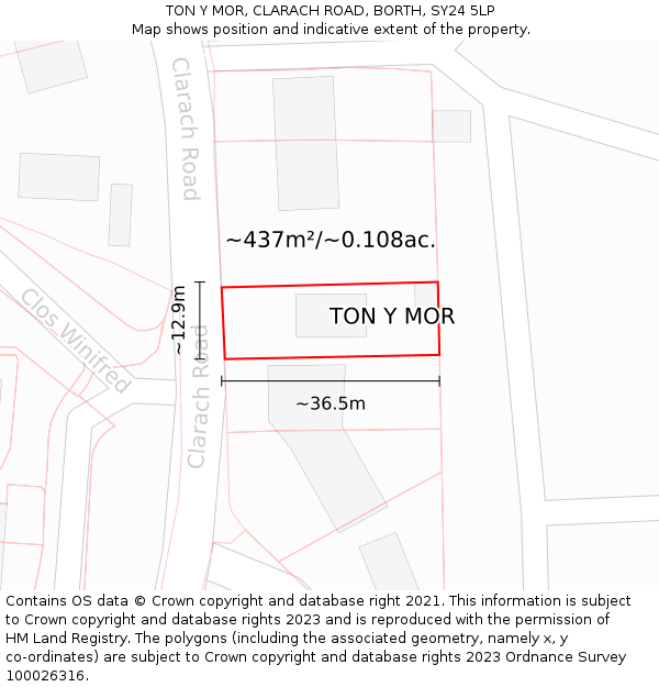 TON Y MOR, CLARACH ROAD, BORTH, SY24 5LP: Plot and title map