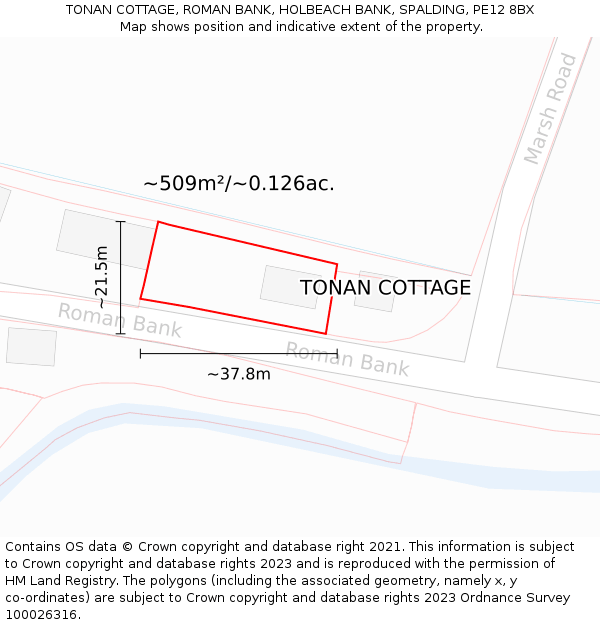 TONAN COTTAGE, ROMAN BANK, HOLBEACH BANK, SPALDING, PE12 8BX: Plot and title map