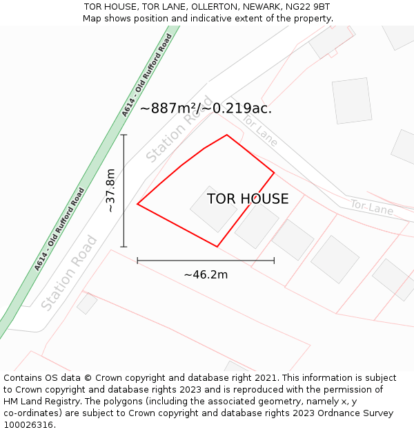 TOR HOUSE, TOR LANE, OLLERTON, NEWARK, NG22 9BT: Plot and title map