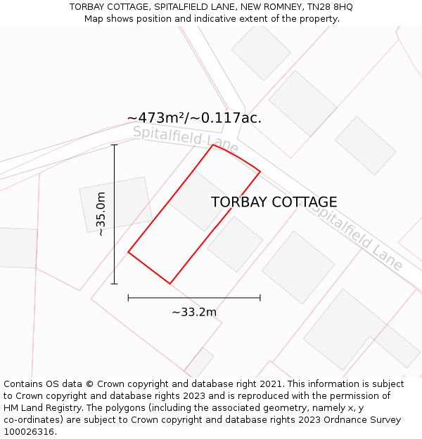 TORBAY COTTAGE, SPITALFIELD LANE, NEW ROMNEY, TN28 8HQ: Plot and title map