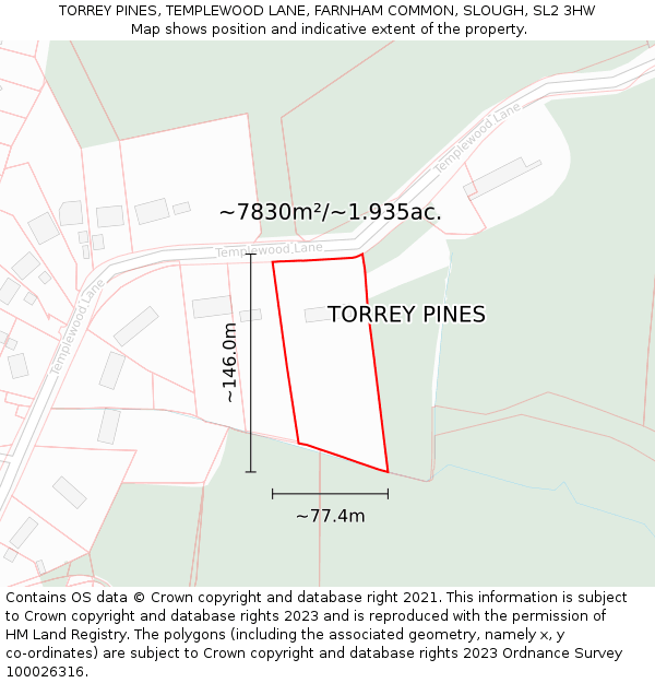 TORREY PINES, TEMPLEWOOD LANE, FARNHAM COMMON, SLOUGH, SL2 3HW: Plot and title map