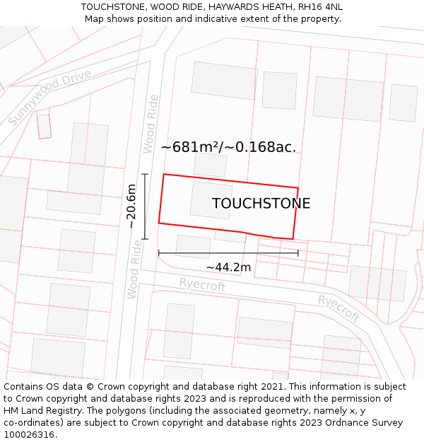 TOUCHSTONE, WOOD RIDE, HAYWARDS HEATH, RH16 4NL: Plot and title map