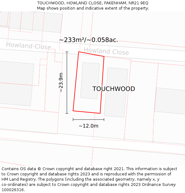 TOUCHWOOD, HOWLAND CLOSE, FAKENHAM, NR21 9EQ: Plot and title map