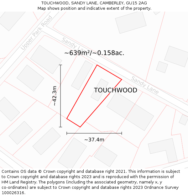 TOUCHWOOD, SANDY LANE, CAMBERLEY, GU15 2AG: Plot and title map