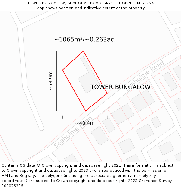 TOWER BUNGALOW, SEAHOLME ROAD, MABLETHORPE, LN12 2NX: Plot and title map
